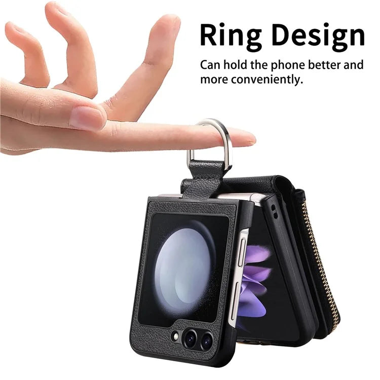 For Samsung Galaxy Z Flip6 5G Case Zipper Pocket Leather+PC Phone Cover with Ring Holder