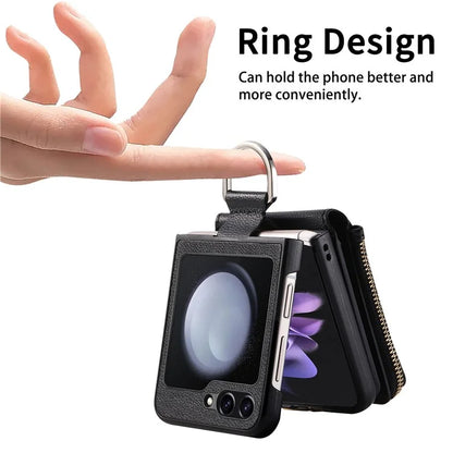 For Samsung Galaxy Z Flip6 5G Case Zipper Pocket Leather+PC Phone Cover with Ring Holder