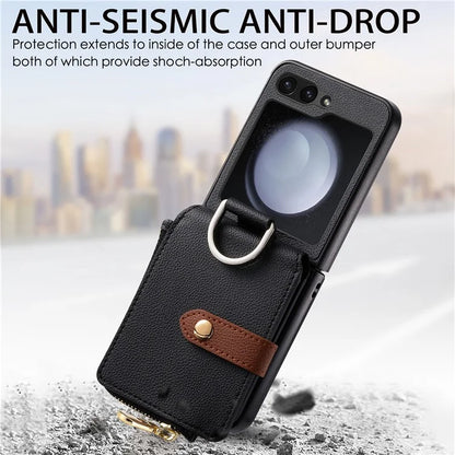 For Samsung Galaxy Z Flip6 5G Case Zipper Pocket Leather+PC Phone Cover with Ring Holder