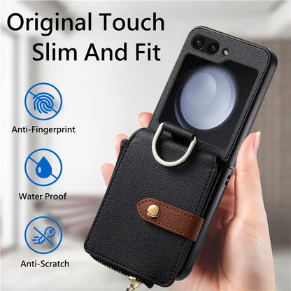 For Samsung Galaxy Z Flip6 5G Case Zipper Pocket Leather+PC Phone Cover with Ring Holder