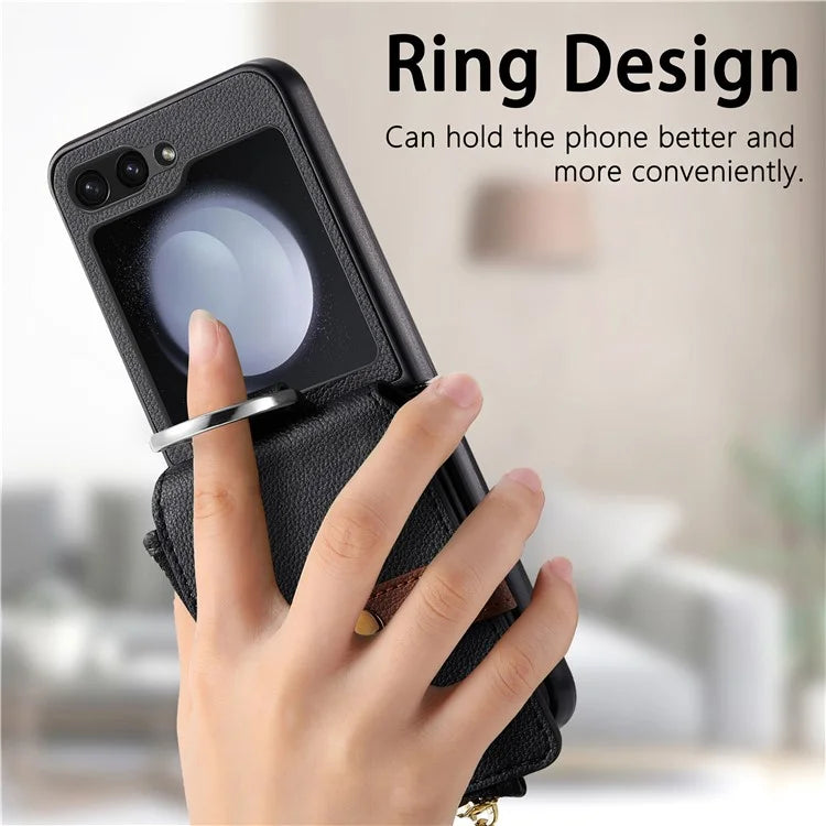 For Samsung Galaxy Z Flip6 5G Case Zipper Pocket Leather+PC Phone Cover with Ring Holder
