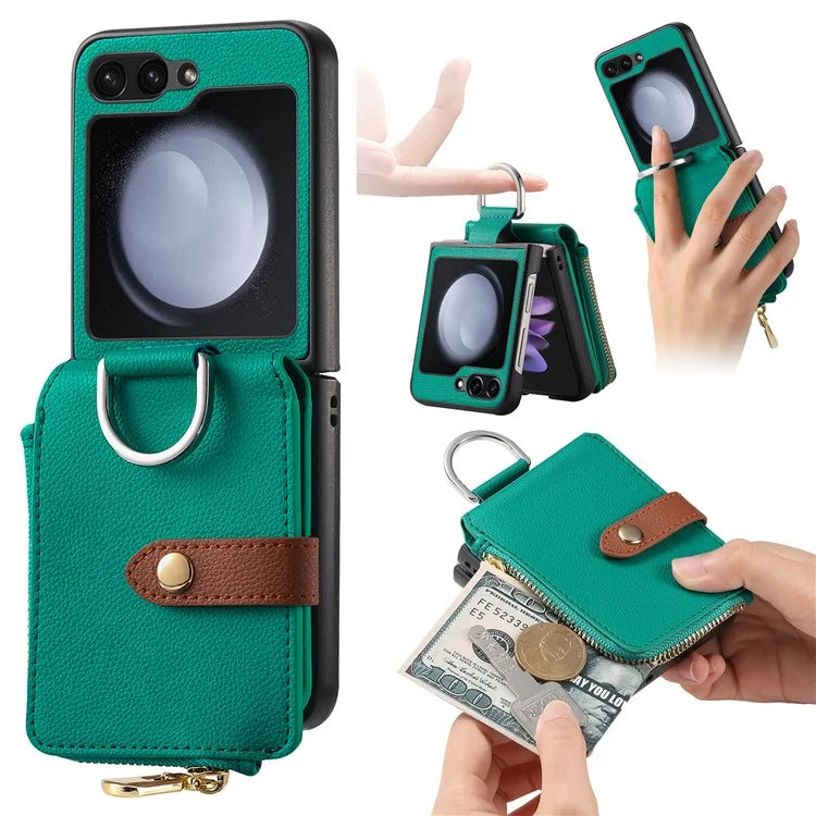 For Samsung Galaxy Z Flip6 5G Case Zipper Pocket Leather+PC Phone Cover with Ring Holder