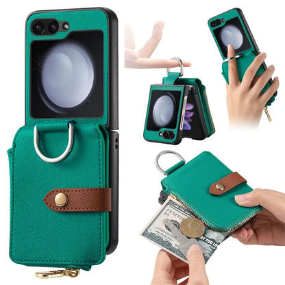 For Samsung Galaxy Z Flip6 5G Case Zipper Pocket Leather+PC Phone Cover with Ring Holder