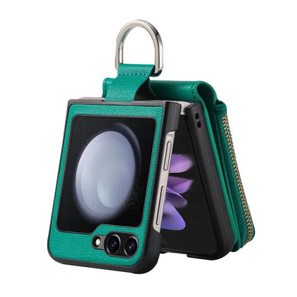 For Samsung Galaxy Z Flip6 5G Case Zipper Pocket Leather+PC Phone Cover with Ring Holder