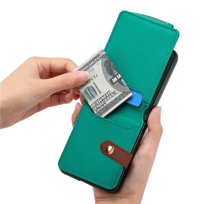 For Samsung Galaxy Z Flip6 5G Case Zipper Pocket Leather+PC Phone Cover with Ring Holder