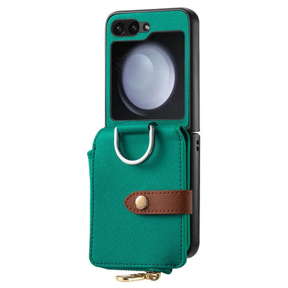 For Samsung Galaxy Z Flip6 5G Case Zipper Pocket Leather+PC Phone Cover with Ring Holder