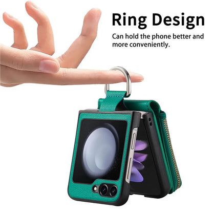 For Samsung Galaxy Z Flip6 5G Case Zipper Pocket Leather+PC Phone Cover with Ring Holder