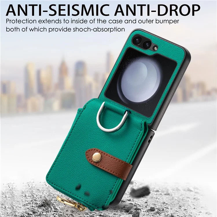 For Samsung Galaxy Z Flip6 5G Case Zipper Pocket Leather+PC Phone Cover with Ring Holder