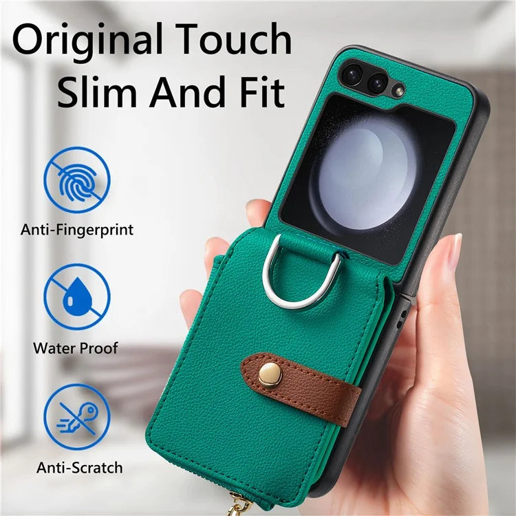 For Samsung Galaxy Z Flip6 5G Case Zipper Pocket Leather+PC Phone Cover with Ring Holder