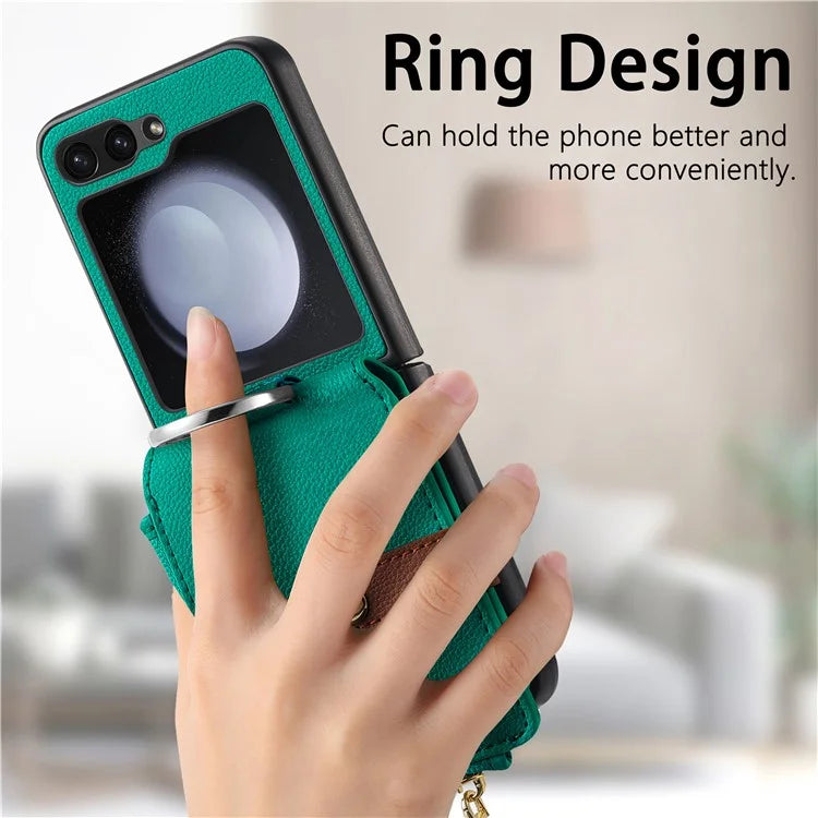 For Samsung Galaxy Z Flip6 5G Case Zipper Pocket Leather+PC Phone Cover with Ring Holder