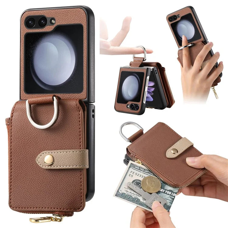 For Samsung Galaxy Z Flip6 5G Case Zipper Pocket Leather+PC Phone Cover with Ring Holder