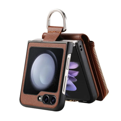 For Samsung Galaxy Z Flip6 5G Case Zipper Pocket Leather+PC Phone Cover with Ring Holder