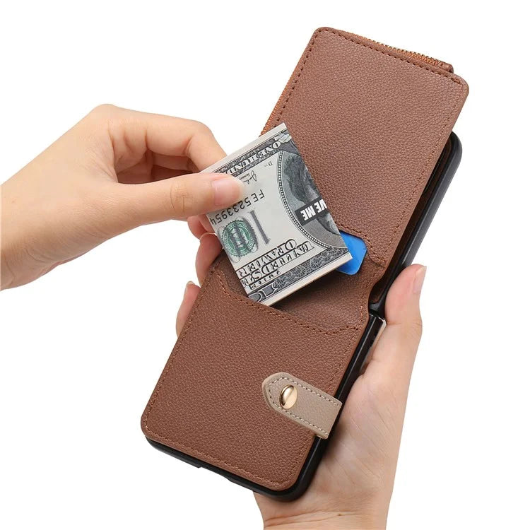 For Samsung Galaxy Z Flip6 5G Case Zipper Pocket Leather+PC Phone Cover with Ring Holder