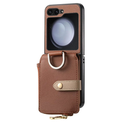 For Samsung Galaxy Z Flip6 5G Case Zipper Pocket Leather+PC Phone Cover with Ring Holder