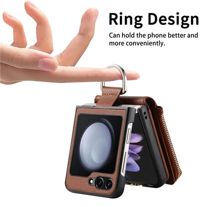 For Samsung Galaxy Z Flip6 5G Case Zipper Pocket Leather+PC Phone Cover with Ring Holder