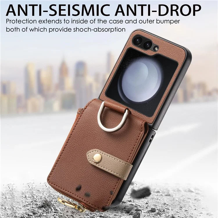 For Samsung Galaxy Z Flip6 5G Case Zipper Pocket Leather+PC Phone Cover with Ring Holder