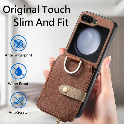 For Samsung Galaxy Z Flip6 5G Case Zipper Pocket Leather+PC Phone Cover with Ring Holder