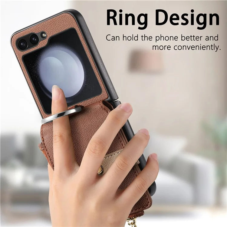 For Samsung Galaxy Z Flip6 5G Case Zipper Pocket Leather+PC Phone Cover with Ring Holder