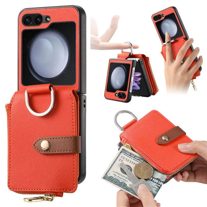 For Samsung Galaxy Z Flip6 5G Case Zipper Pocket Leather+PC Phone Cover with Ring Holder