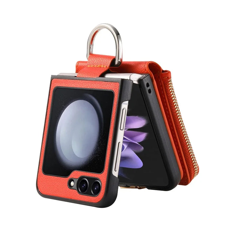 For Samsung Galaxy Z Flip6 5G Case Zipper Pocket Leather+PC Phone Cover with Ring Holder