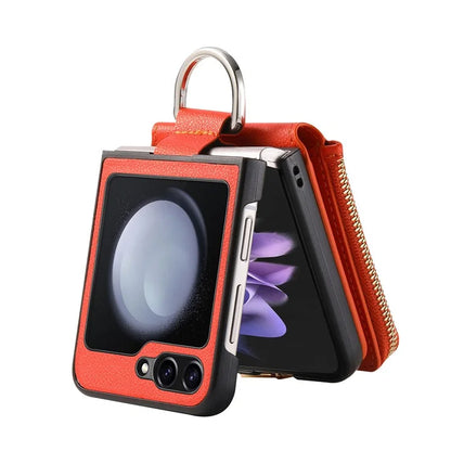 For Samsung Galaxy Z Flip6 5G Case Zipper Pocket Leather+PC Phone Cover with Ring Holder