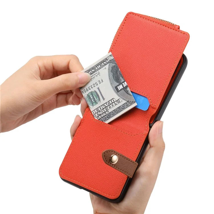 For Samsung Galaxy Z Flip6 5G Case Zipper Pocket Leather+PC Phone Cover with Ring Holder