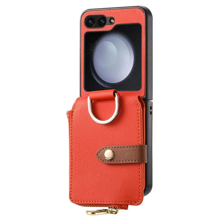 For Samsung Galaxy Z Flip6 5G Case Zipper Pocket Leather+PC Phone Cover with Ring Holder