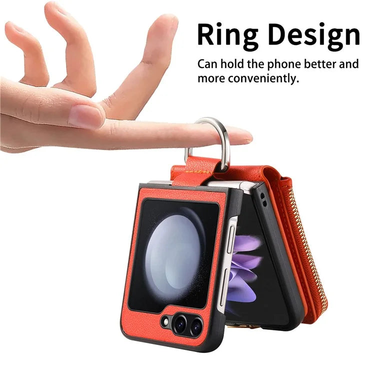 For Samsung Galaxy Z Flip6 5G Case Zipper Pocket Leather+PC Phone Cover with Ring Holder