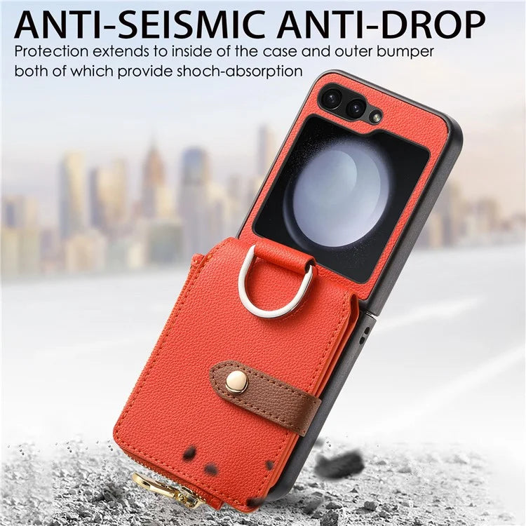 For Samsung Galaxy Z Flip6 5G Case Zipper Pocket Leather+PC Phone Cover with Ring Holder