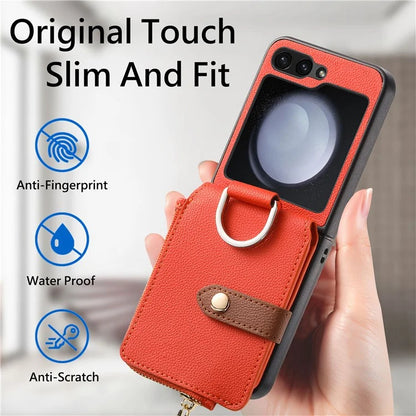 For Samsung Galaxy Z Flip6 5G Case Zipper Pocket Leather+PC Phone Cover with Ring Holder