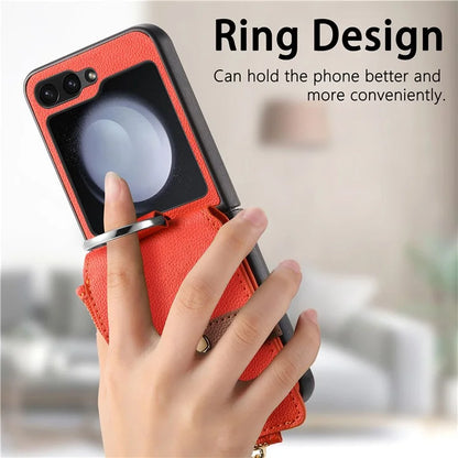 For Samsung Galaxy Z Flip6 5G Case Zipper Pocket Leather+PC Phone Cover with Ring Holder
