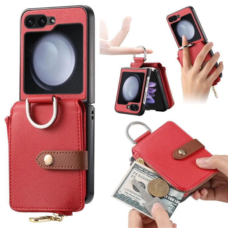 For Samsung Galaxy Z Flip6 5G Case Zipper Pocket Leather+PC Phone Cover with Ring Holder