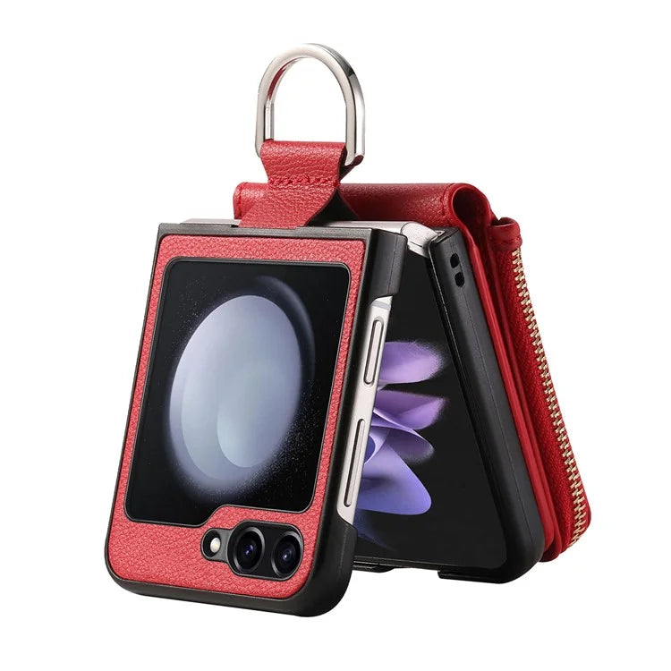 For Samsung Galaxy Z Flip6 5G Case Zipper Pocket Leather+PC Phone Cover with Ring Holder