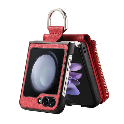 For Samsung Galaxy Z Flip6 5G Case Zipper Pocket Leather+PC Phone Cover with Ring Holder