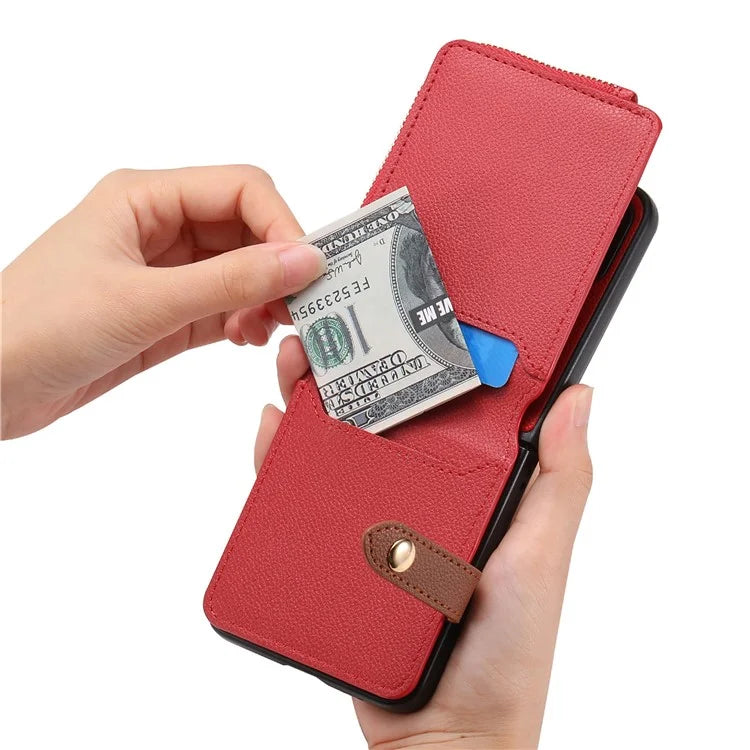 For Samsung Galaxy Z Flip6 5G Case Zipper Pocket Leather+PC Phone Cover with Ring Holder