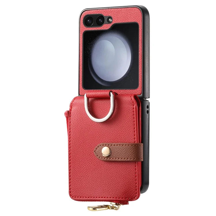 For Samsung Galaxy Z Flip6 5G Case Zipper Pocket Leather+PC Phone Cover with Ring Holder