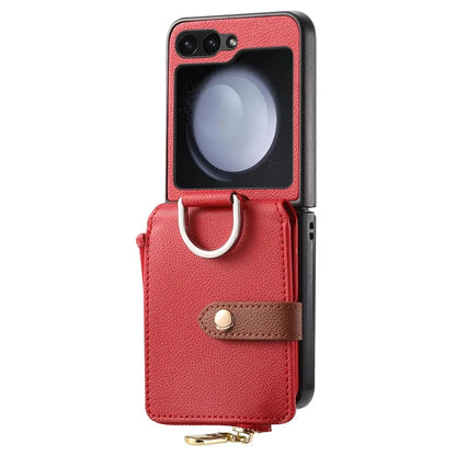 For Samsung Galaxy Z Flip6 5G Case Zipper Pocket Leather+PC Phone Cover with Ring Holder