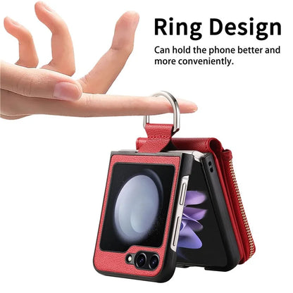 For Samsung Galaxy Z Flip6 5G Case Zipper Pocket Leather+PC Phone Cover with Ring Holder