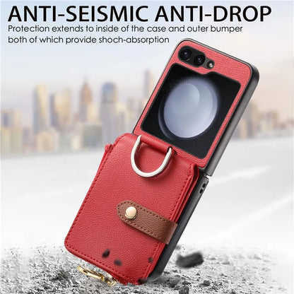 For Samsung Galaxy Z Flip6 5G Case Zipper Pocket Leather+PC Phone Cover with Ring Holder