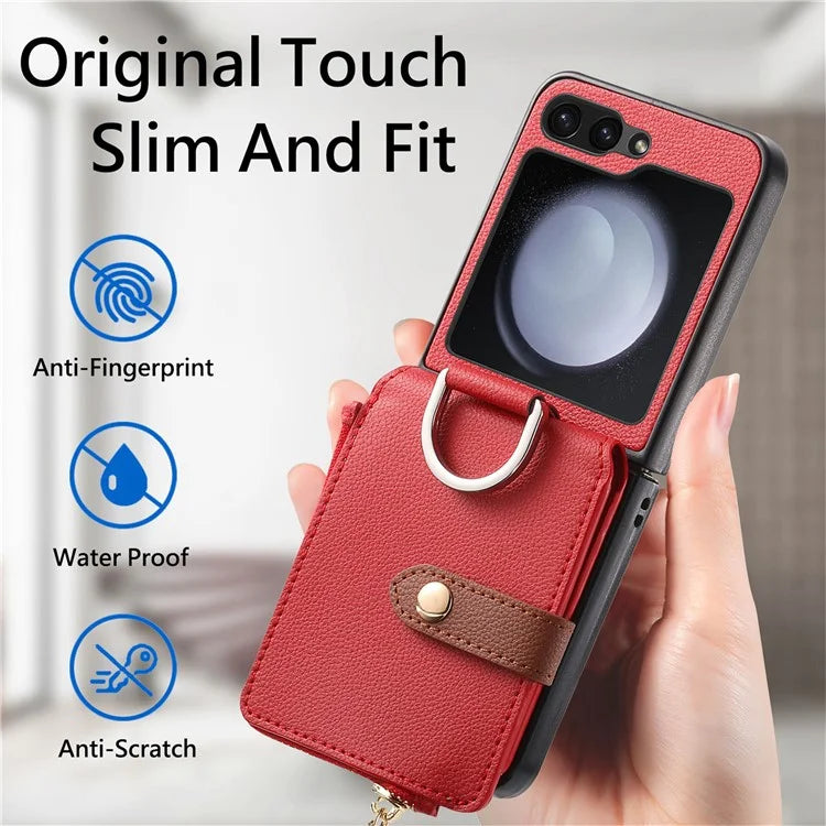 For Samsung Galaxy Z Flip6 5G Case Zipper Pocket Leather+PC Phone Cover with Ring Holder