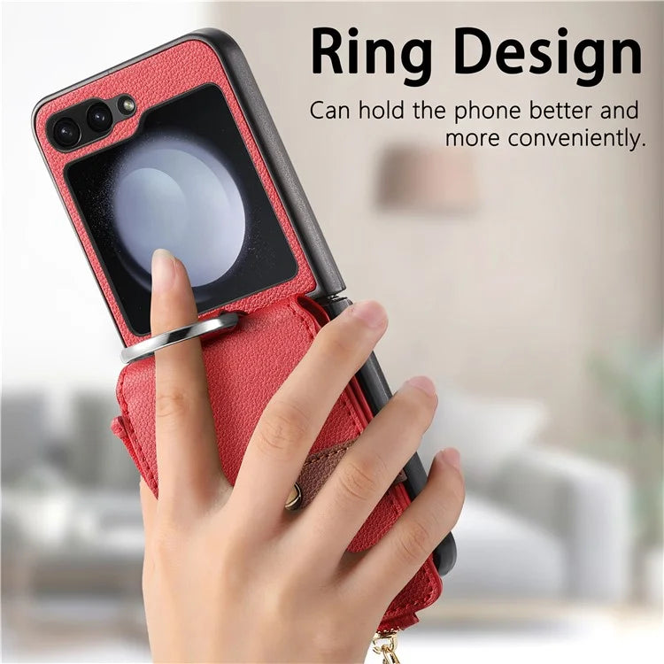 For Samsung Galaxy Z Flip6 5G Case Zipper Pocket Leather+PC Phone Cover with Ring Holder
