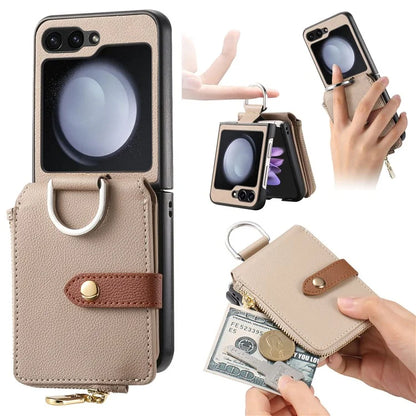 For Samsung Galaxy Z Flip6 5G Case Zipper Pocket Leather+PC Phone Cover with Ring Holder