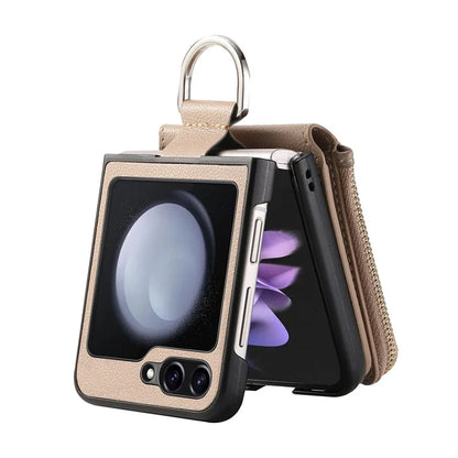For Samsung Galaxy Z Flip6 5G Case Zipper Pocket Leather+PC Phone Cover with Ring Holder