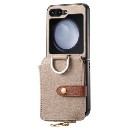 For Samsung Galaxy Z Flip6 5G Case Zipper Pocket Leather+PC Phone Cover with Ring Holder