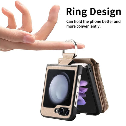 For Samsung Galaxy Z Flip6 5G Case Zipper Pocket Leather+PC Phone Cover with Ring Holder
