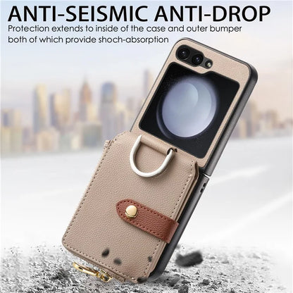 For Samsung Galaxy Z Flip6 5G Case Zipper Pocket Leather+PC Phone Cover with Ring Holder