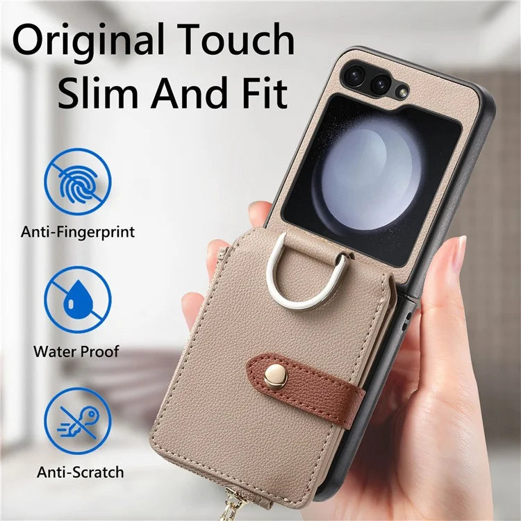 For Samsung Galaxy Z Flip6 5G Case Zipper Pocket Leather+PC Phone Cover with Ring Holder