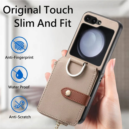 For Samsung Galaxy Z Flip6 5G Case Zipper Pocket Leather+PC Phone Cover with Ring Holder