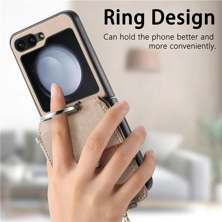 For Samsung Galaxy Z Flip6 5G Case Zipper Pocket Leather+PC Phone Cover with Ring Holder