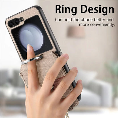 For Samsung Galaxy Z Flip6 5G Case Zipper Pocket Leather+PC Phone Cover with Ring Holder